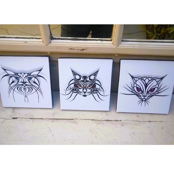 Tribal Cats (3 Panels) Original Art Giclee Canvas Wrap Prints - Picture 4 of 9